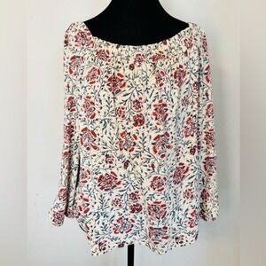 Chaps Floral Peasant Blouse Womens Large Boho Cotton Off White